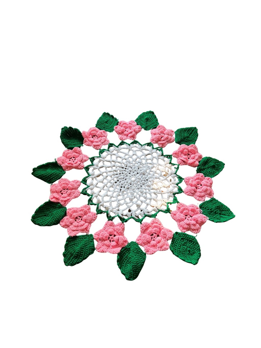 Vintage Hand-Crocheted Pink Rose Floral Table Cover Grannycore/ Cottagecore